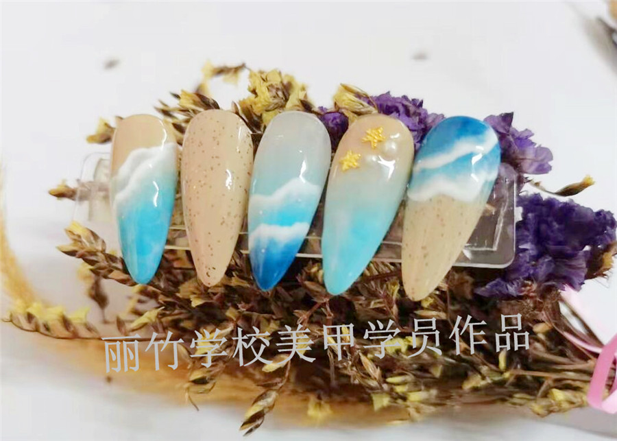 麗竹美甲作品：藍(lán)色海洋彩繪美甲