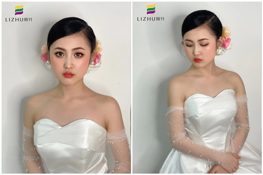 簡(jiǎn)約鮮花新娘妝容，廣西化妝學(xué)校新娘妝作品