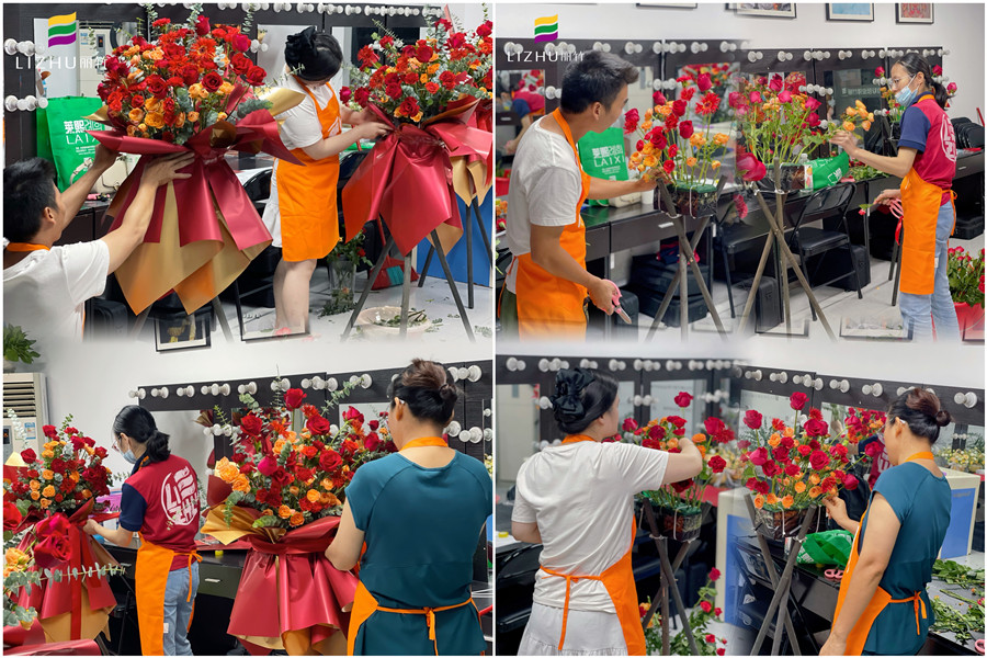 玫瑰開業(yè)花籃制作，廣西插花師學(xué)校學(xué)員作品