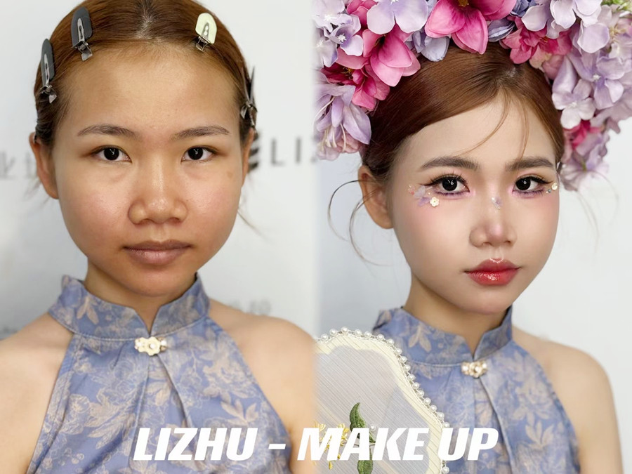 簪花造型課堂實況，廣西美妝課堂作品欣賞