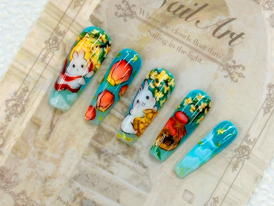 中秋兔子美甲，南寧美甲造型技術(shù)學(xué)校作品