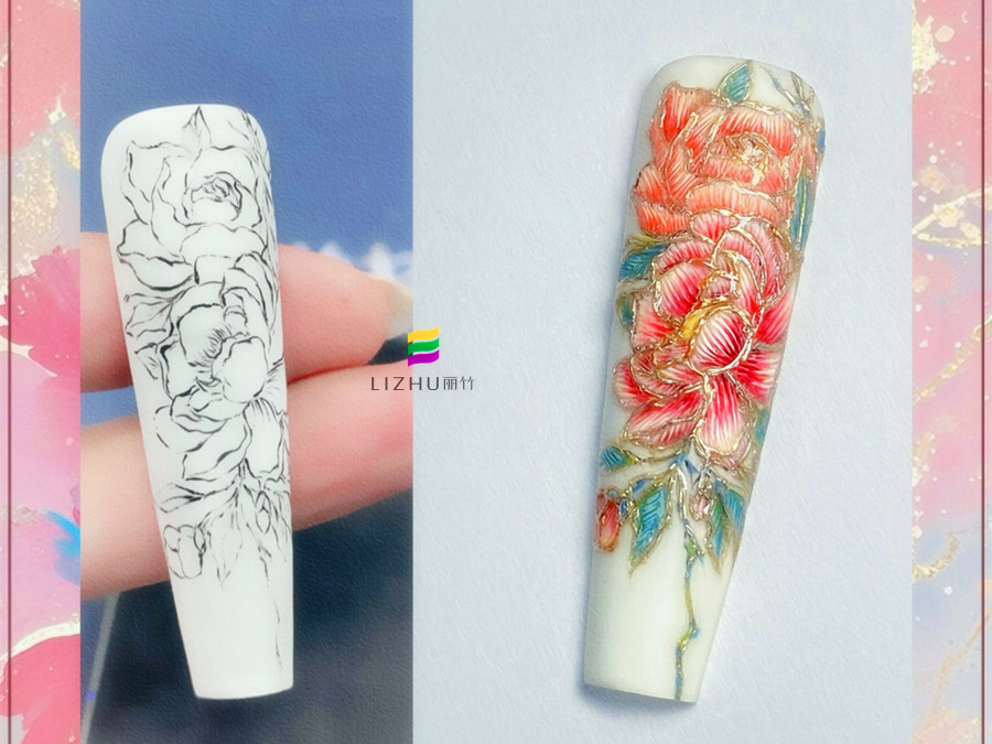 國風(fēng)刺繡牡丹美甲，廣西美甲設(shè)計(jì)學(xué)校作品