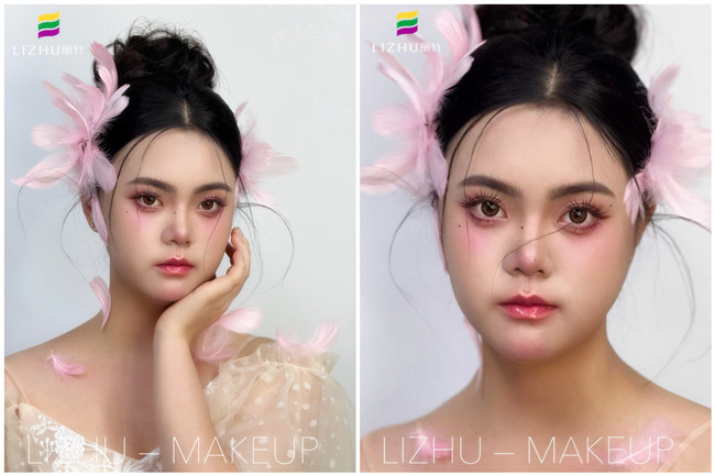 粉色羽毛寫真作品，廣西學(xué)化妝操作